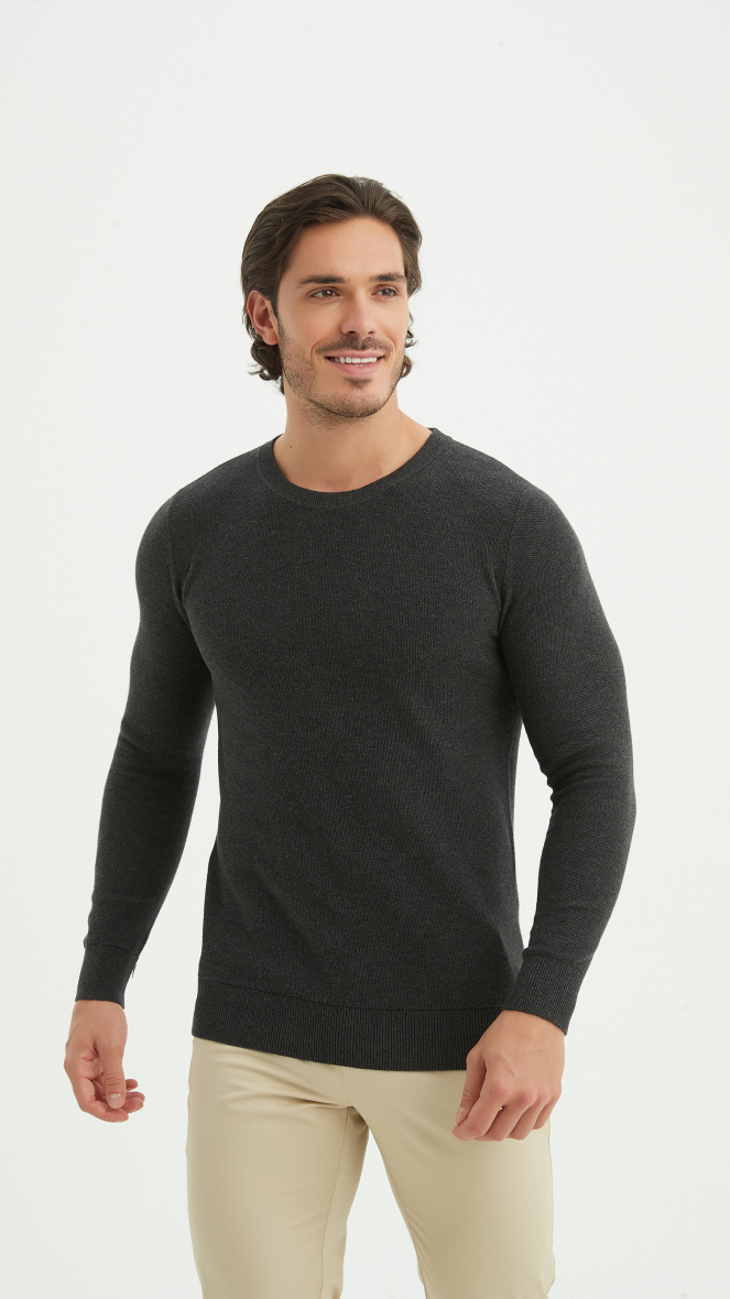 Wholesaler Yves Enzo - Round-neck cotton pique sweater - Anthracite