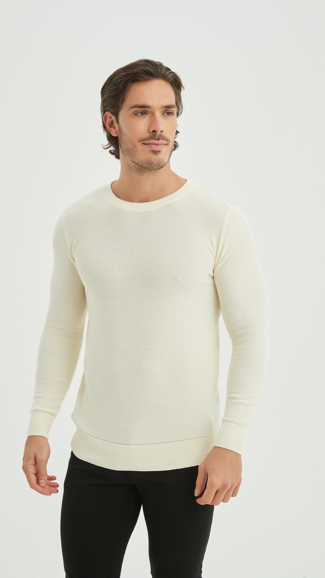 Wholesaler Yves Enzo - Round neck cotton pique sweater - Ivory