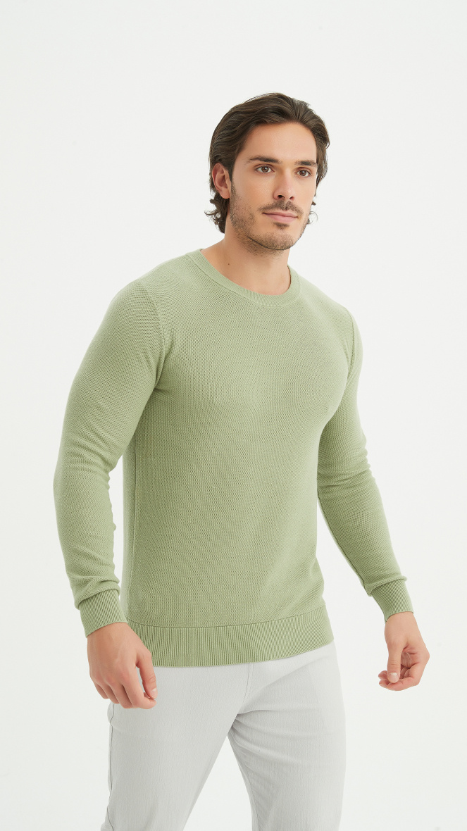 Wholesaler Yves Enzo - Round neck cotton pique sweater - Almond green