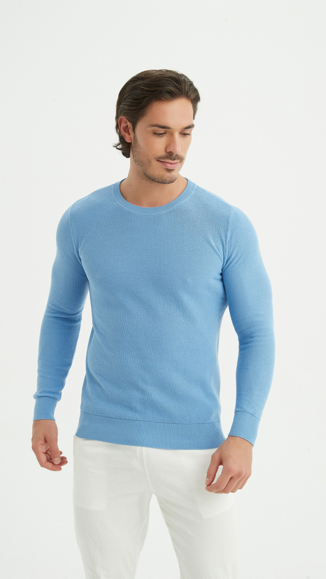 Wholesaler Yves Enzo - Round-neck cotton pique sweater - Blue