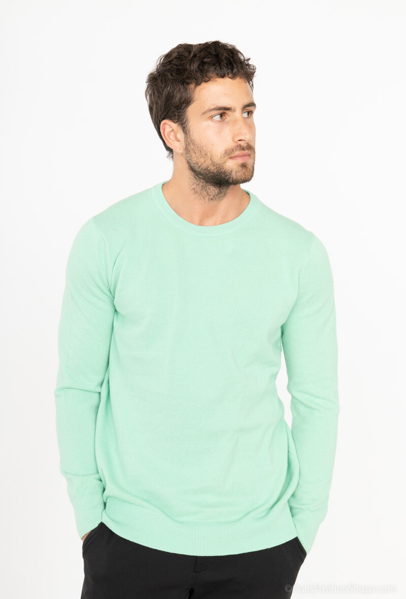 Grossiste Yves Enzo - Pull col rond coton piqué - Vert sauge