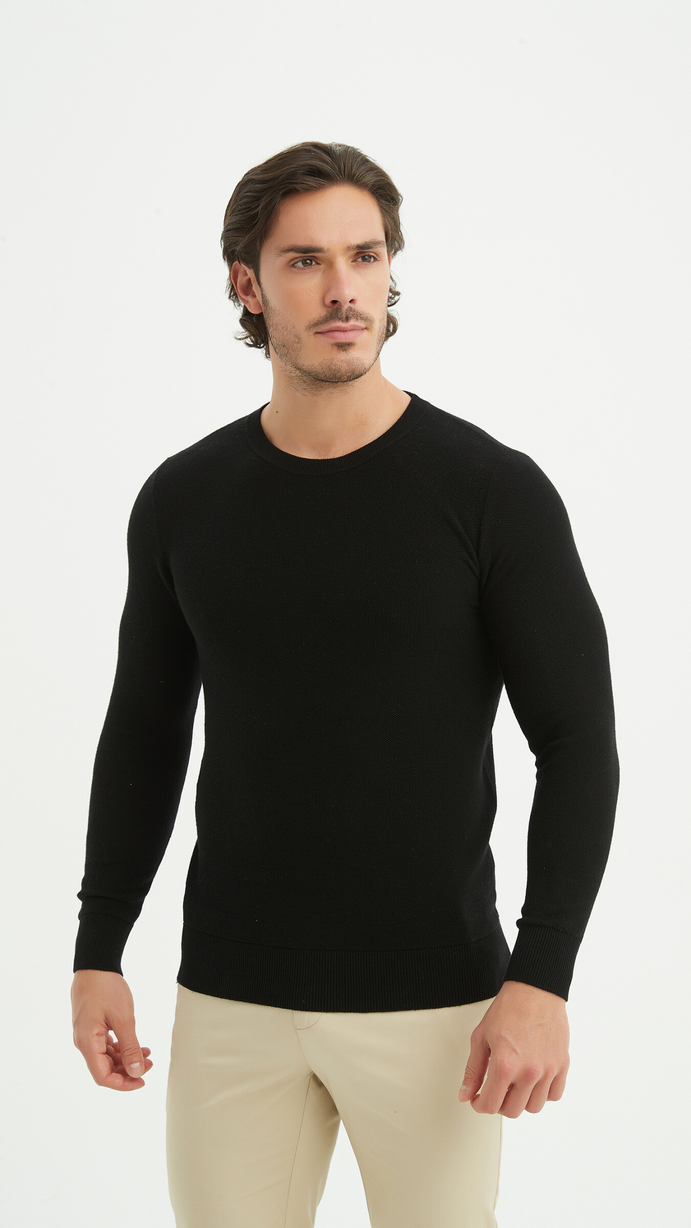 Grossiste Yves Enzo - Pull col rond coton piqué - Noir