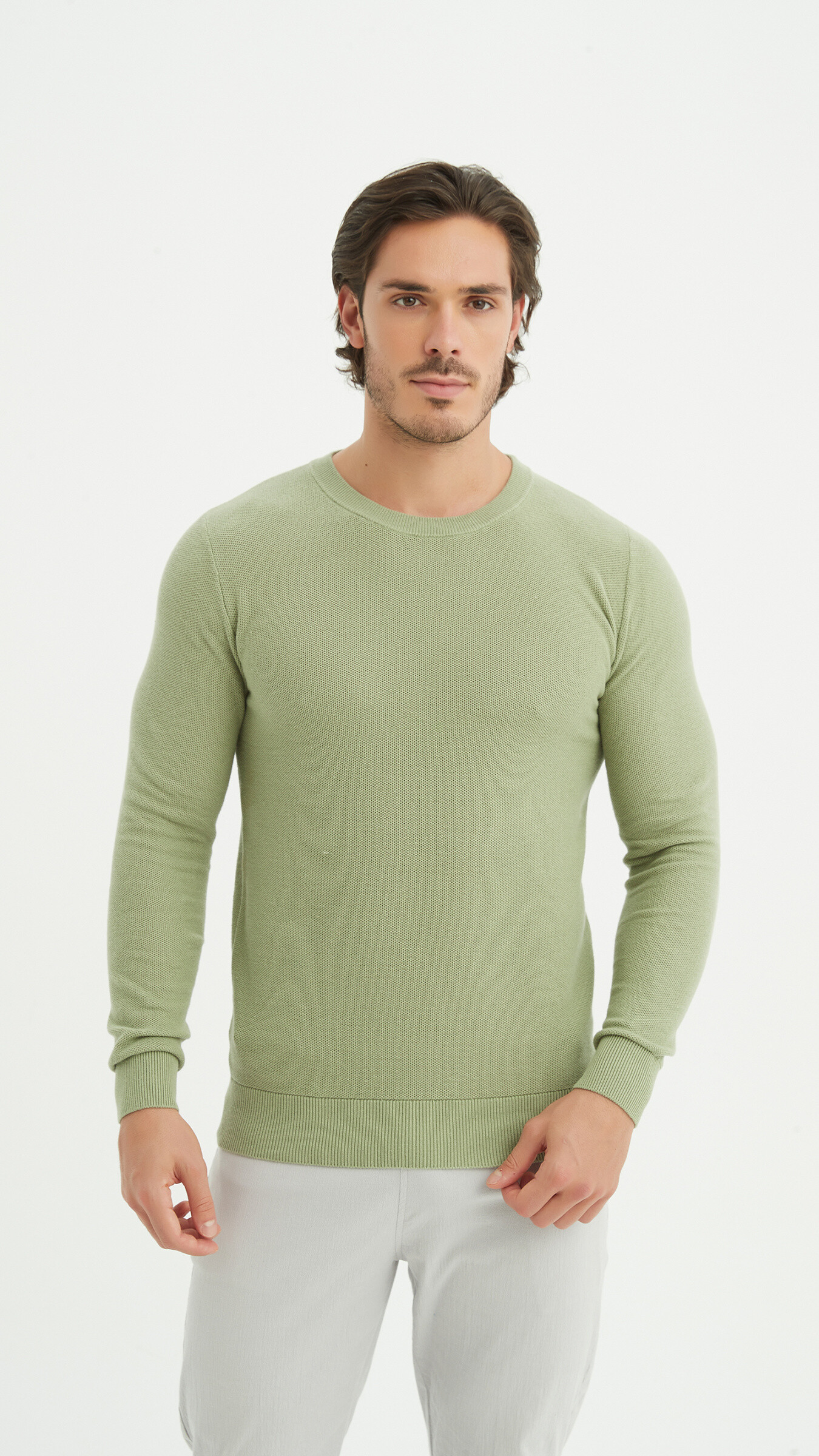 Grossiste Yves Enzo - Pull col rond coton piqué - Vert amande