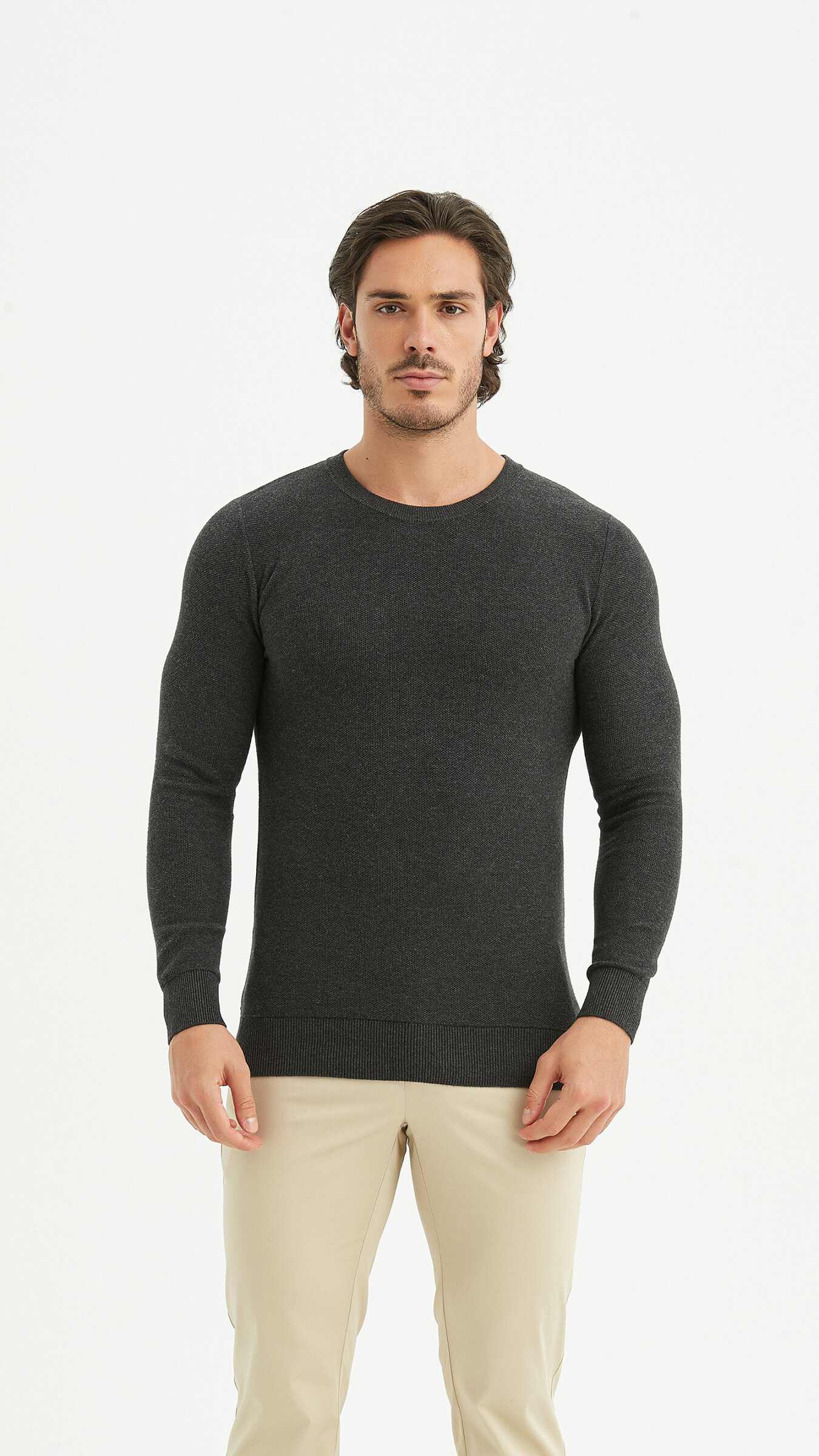 Grossiste Yves Enzo - Pull col rond coton piqué - Anthracite