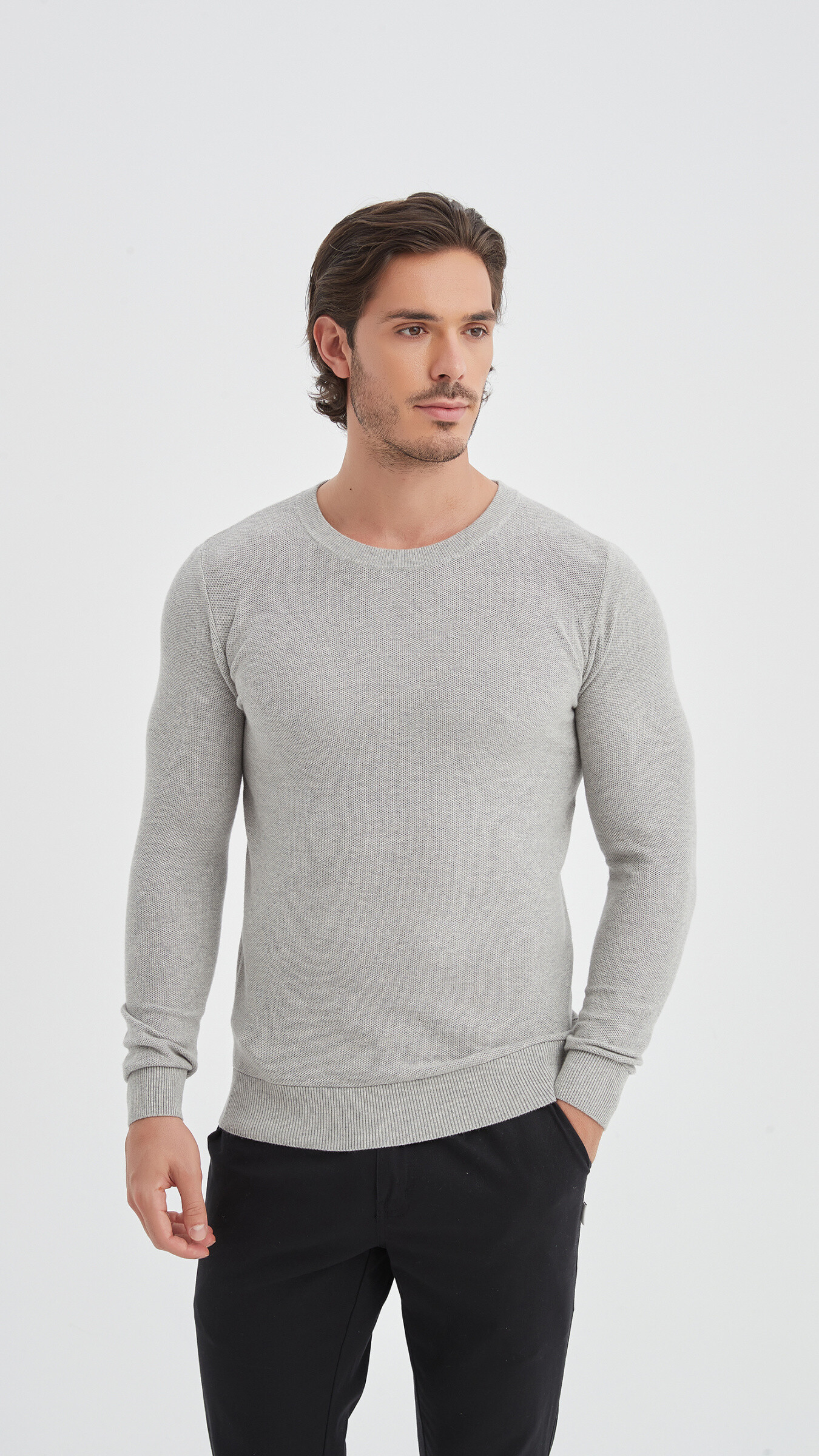 Grossiste Yves Enzo - Pull col rond coton piqué - Gris
