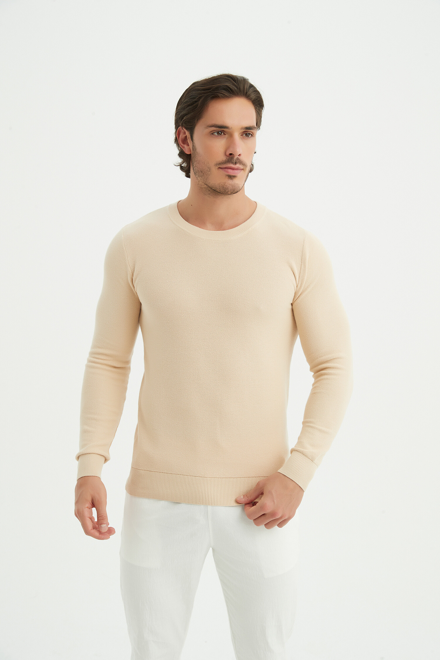 Wholesaler Yves Enzo - Round neck cotton pique sweater - Beige