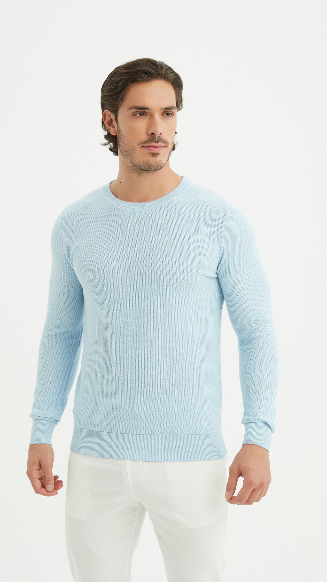 Grossiste Yves Enzo - Pull col rond coton piqué - Bleu ciel