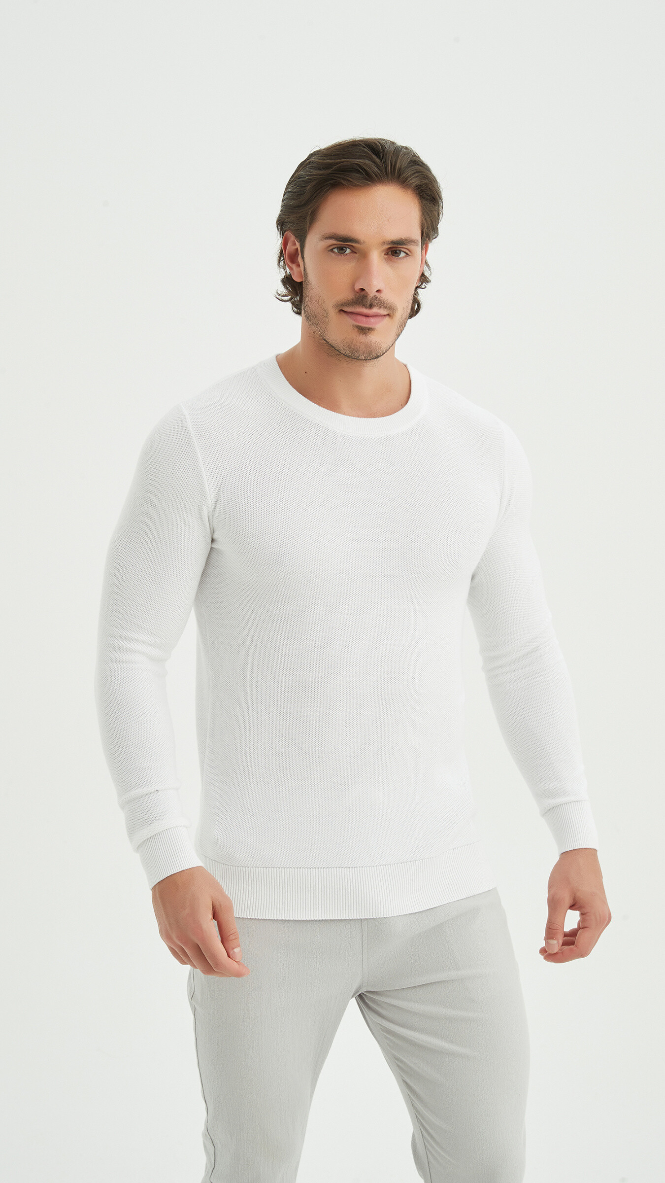 Grossiste Yves Enzo - Pull col rond coton piqué - Blanc