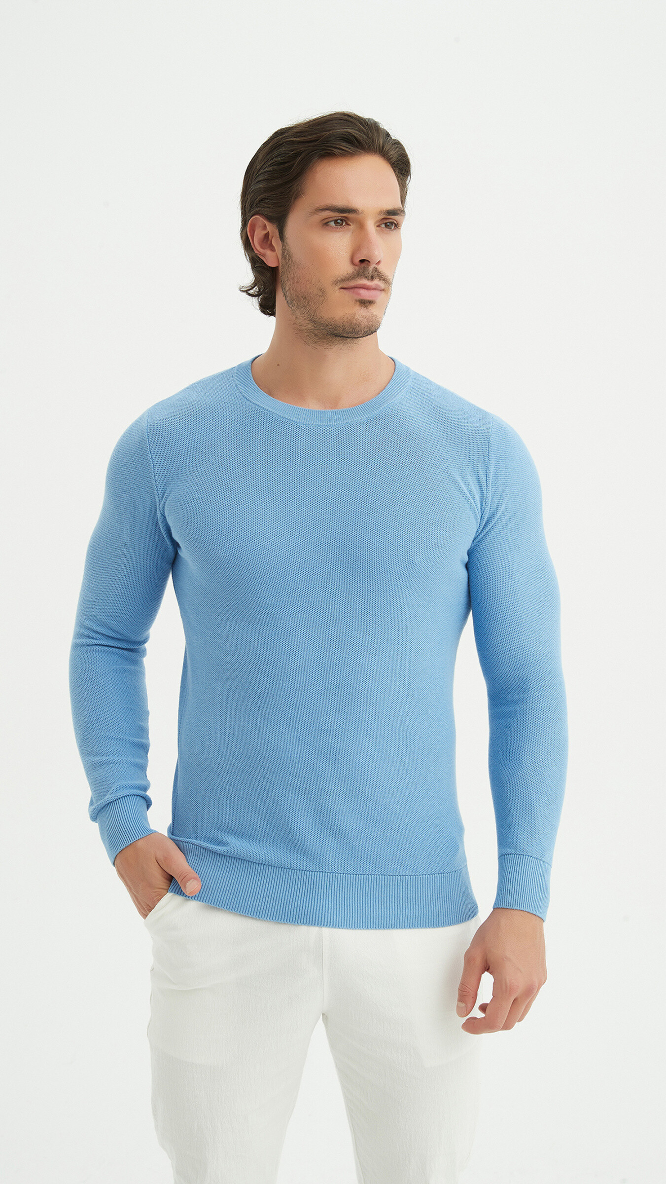 Grossiste Yves Enzo - Pull col rond coton piqué - Bleu