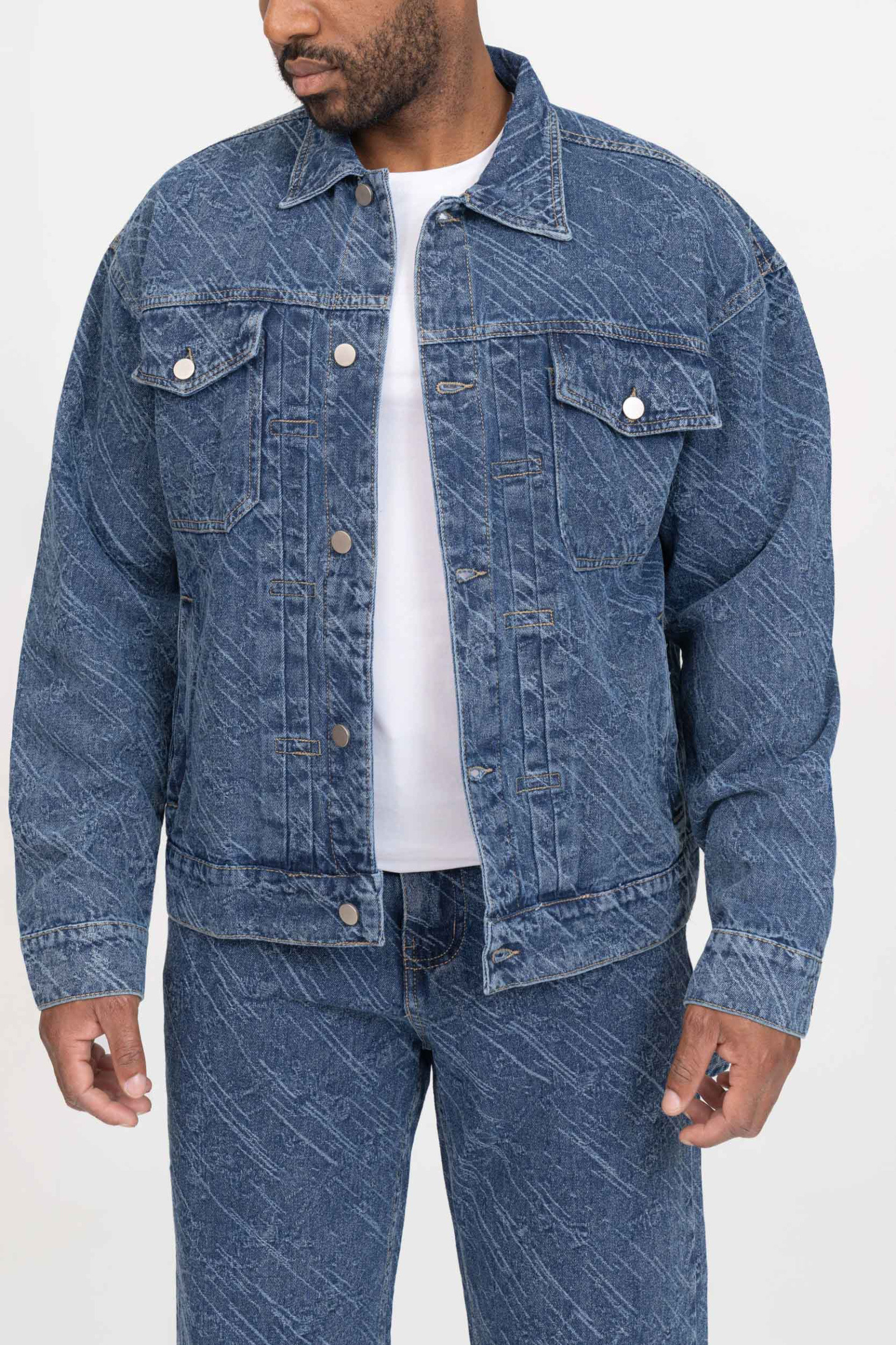 Großhändler Zayne Paris - Herren-Jeansjacke mit Knöpfen und gemustertem Stoff